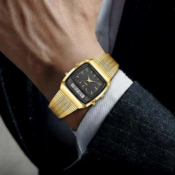 Retro kvadratinis dvigubas laikrodis | ROLOTIME